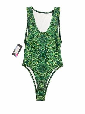 Green Geometric One-Piece Swimsuit - Sleeveless Scoop Back